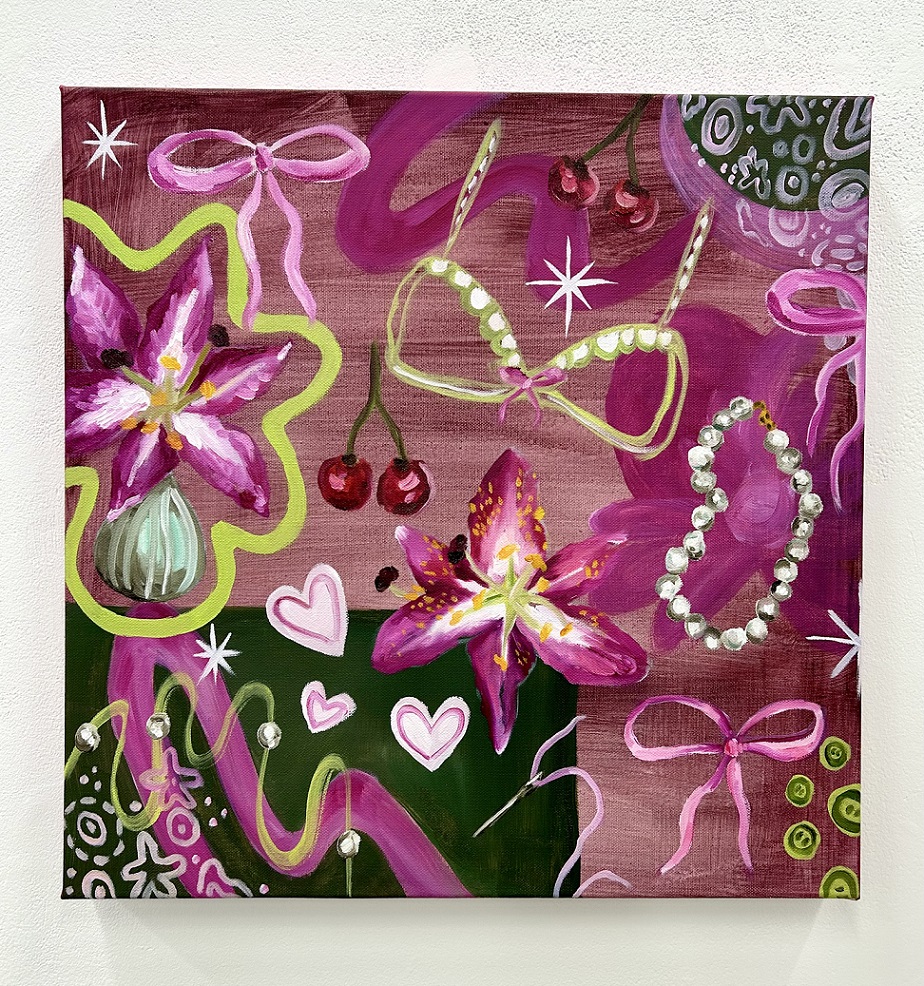 A pink painted canvas of flowers, stars and ribbons